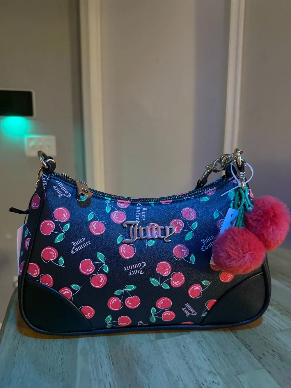 Juicy Couture Black Cherry Print Shoulder Bag with charm